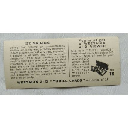 1960s Weetabix 3-D Thrill Card No. 21 Sailing