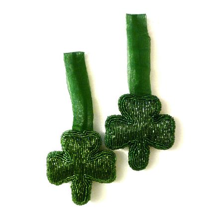 "PAIR SMALL GREEN FULLY BEADED IRISH SHAMROCK ORNAMENTS CHRISTMAS DECORATION"