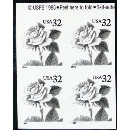 2492 32¢ Rose Imperforate and With Color Omitted Block of 4 - Stuart Katz