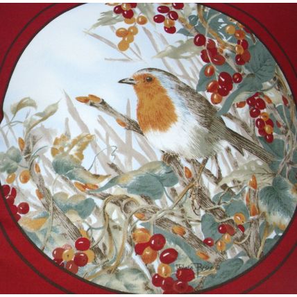 Pretty bright little Robin perched among Autumnal berries cushion pillow