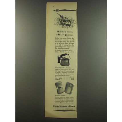 1956 Abercrombie & Fitch English Shell Bags and Hand Warmer Ad - Hunter's moon