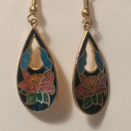Cloisonne Earrings Orchid Flower Pierced Earrings 1-7/8"