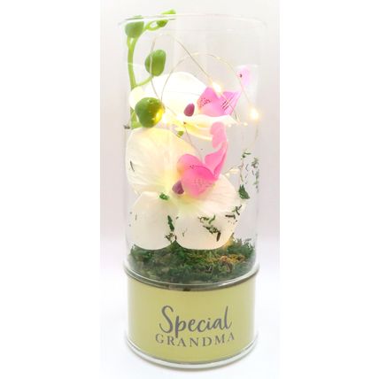 Special Grandma LED Tube Light with Faux Pink Flowers Glass LED 20 CM Gift Home