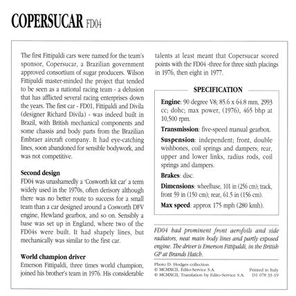 Collectors Club card. Classic Cars. Copersucar FD04