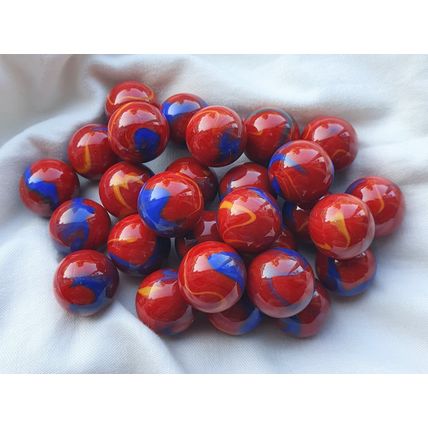ODIN - 12 Beautiful Glass Marbles, Red with Yellow and Blue Swirls, 22mm, New
