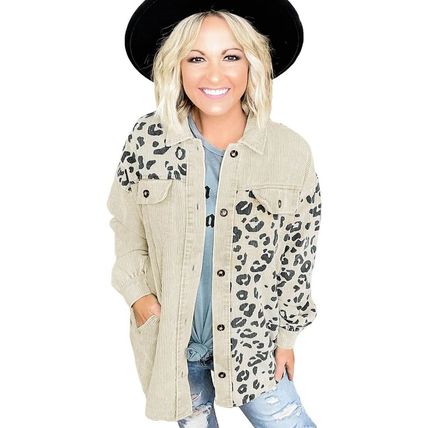 Apricot Leopard Print Detail Pocketed Corduroy Jacket