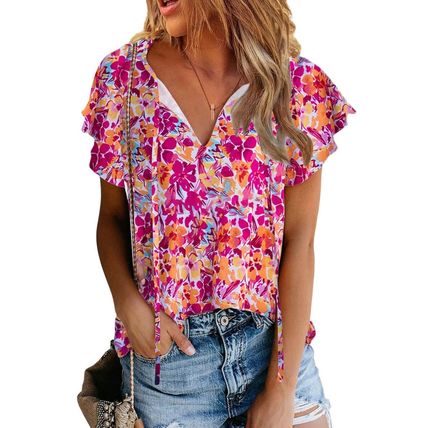 Red Flutter Sleeves Floral Print Top