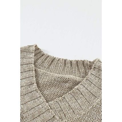Gray V neck Drop Shoulder Knitted Sweater