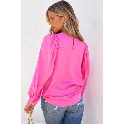 Pink Satin Puff Long Sleeve Crewneck Blouse