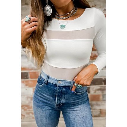 White Mesh Patchwork Long Sleeve Bodysuit