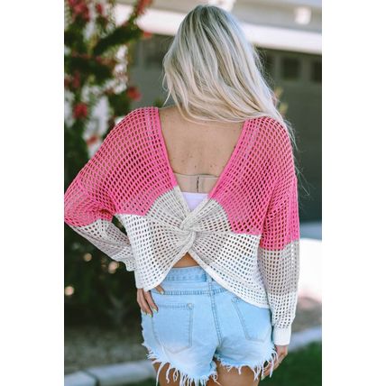 Pink Color Block Eyelet Long Sleeve Twisted Back Knit Top