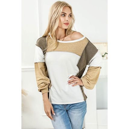 Khaki Exposed Seam Color Block Patchwork Top
