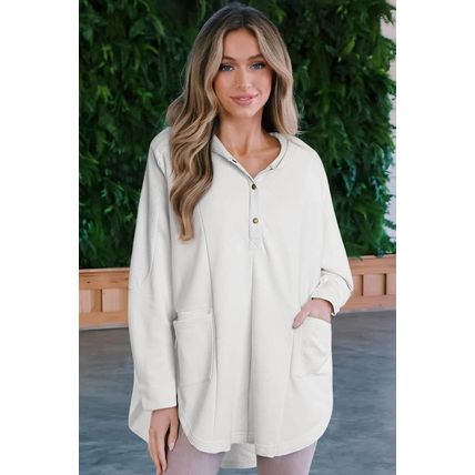 White Patchwork Side Pockets Oversized Henley Hoodie