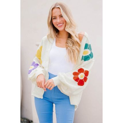 White Flower Jacquared Bubble Sleeve Open Cardigan