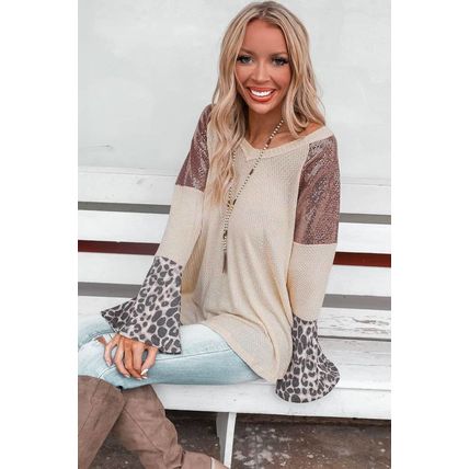 Leopard Sequin Patchwork Bell Sleeve V Neck Tunic Top