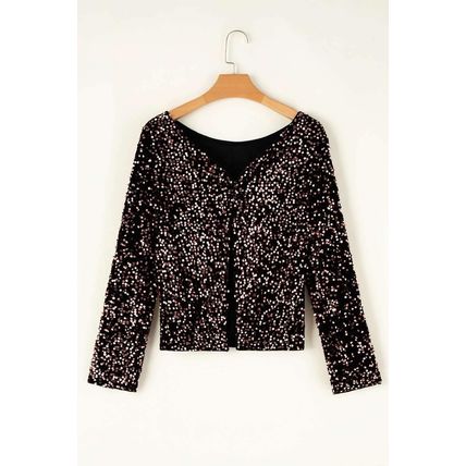 Chicory Coffee Sequin Long Sleeve Cutout Back Top