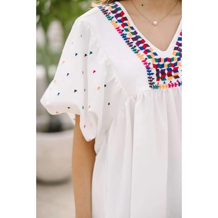 White Embroidered Puff Sleeve V Neck Blouse