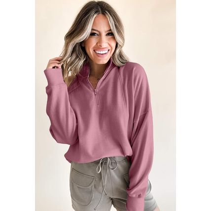 Fushia Zipped Neck Pullover Drop Shoulder Sweatshirt