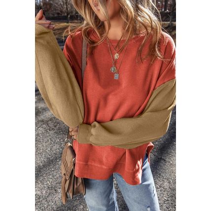 Gold Flame Two Tone Patchwork Drop Shoulder Pullover Sweatshirt