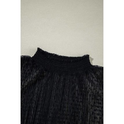 Black Dotty Lace Sheer Mock Neck Long Sleeve Blouse
