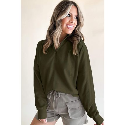 Jungle Green Zipped Neck Pullover Drop Shoulder Sweatshirt