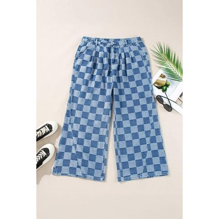 Dusk Blue Plus Size Checkered Seamed High Waist Wide Leg Jeans