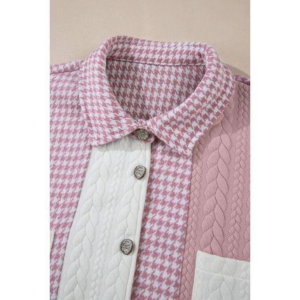 Pink Houndstooth Color Contrast Textured Patchwork Loose Shacket