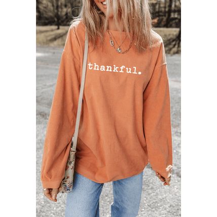 Orange Thankful Ribbed Crew Neck Thanksgiving Sweatshirt