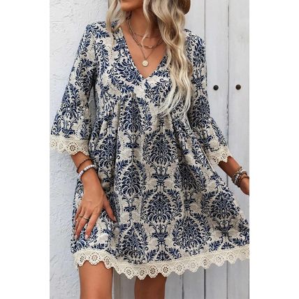 Sky Blue Vintage Printed Lace Trim V Neck 3/4 Sleeve Loose Dress