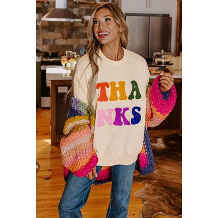Apricot THANKS Chenille Embroidered Drop Shoulder Graphic Sweatshirt