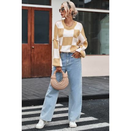 Khaki Checkered Bishop Sleeve Sweater