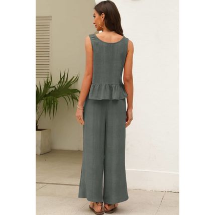 Duffel Green Solid Color Ribbed Ruffle Tank Top and Pants Set