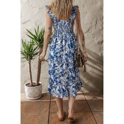 Blue Floral Ruffle Strap Square Neck Smocked Bodice Midi Dress
