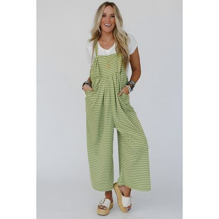 Green Gingham Wide Leg Loose Overall with Pockets