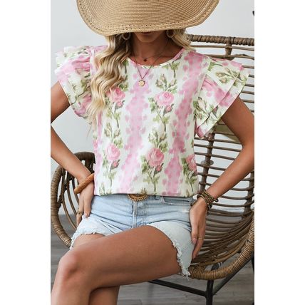 Pink Floral Print Ruffled Sleeve Summer Top