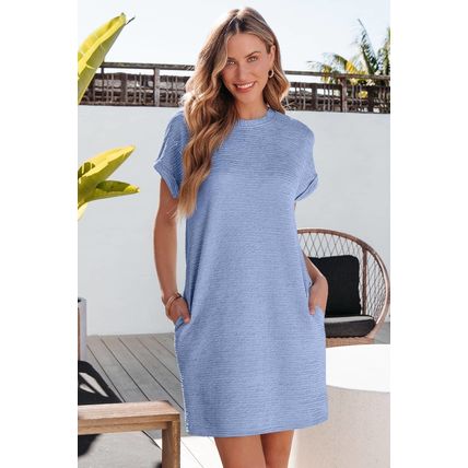 Myosotis Solid Color Textured Crinkle Short Sleeve T Shirt Dress