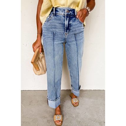 Myosotis Center Seam Cuffed Hem Straight High Waist Jeans