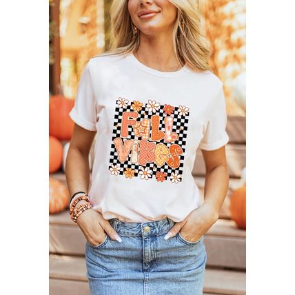 White FALL VIBES Cute Graphic Heat Transfer Tee