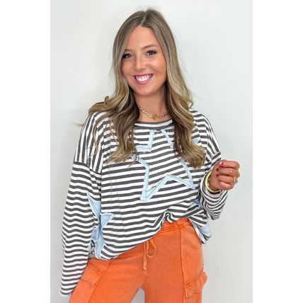 Gray Stripe Starry Patch Drop Shoulder Raw Edge Casual Knit Top