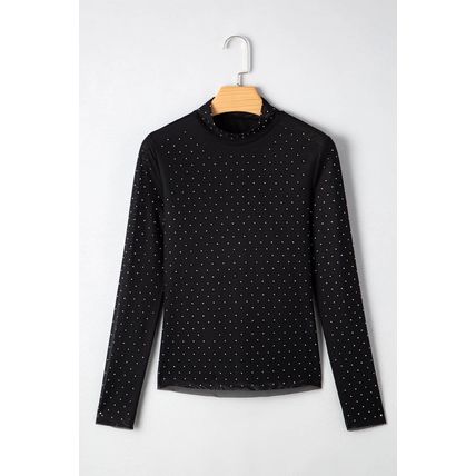 Black Rhinestone Embellished Mesh Long Sleeve Top