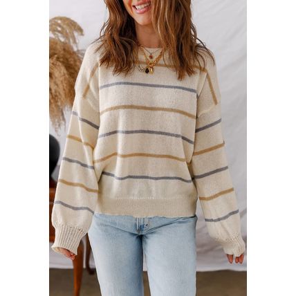 Multicolour Striped Ribbed Edge Drop Shoulder Sweater