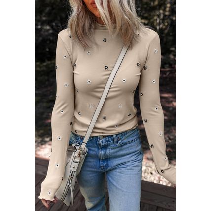 Jet Stream Floral Embroidered Detail Ribbed Long Sleeve Top