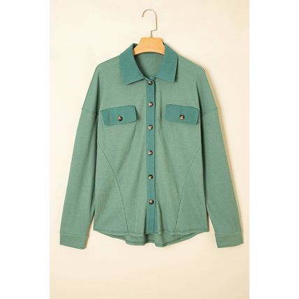 Grass Green Waffle Knit Vintage Patchwork Button Up Loose Shirt
