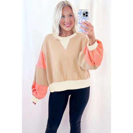 Light French Beige Color Block Textured Patchwork Pullover Sweatshirt