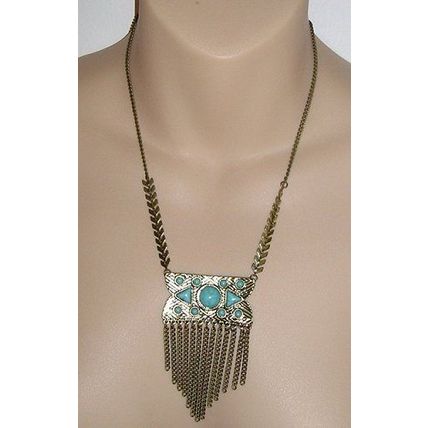 Cruise Club - Aqua & Brass Necklace with Linked Chain Fringe - NEW