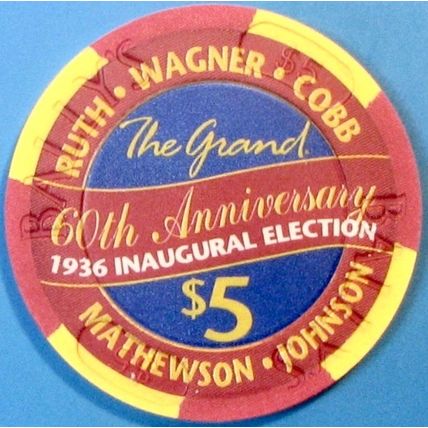 Bally's Grand. $5 Casino Chip. Atlantic City, NJ. Christy Mathewson. X39.