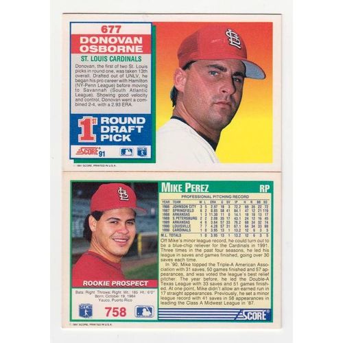 Two 1991 Score Cardinals rookie cards, Donovan Osborne #677 , Mike Perez #758