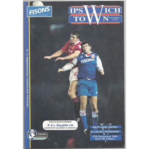 1993-94 IPSWICH TOWN v WEST HAM UNITED (Ex To Mint Condition - No Writing)