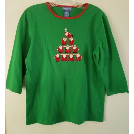 Paradise Bay Misses Cotton Blend Multicolored Santa's Christmas Top Size M