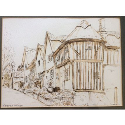 Kersey Cottages Original Pen & Watercolour Painting By Jean G. Mounted & Framed